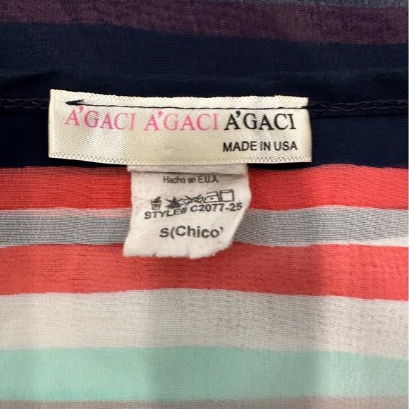 A’Gaci Striped Sheer Lightweight Cuffed Sleeve Blouse Size Small Summer Colors - Picture 9 of 10